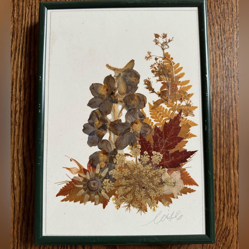 Country Girl Creations Pressed flower art in hunter green metal frame.